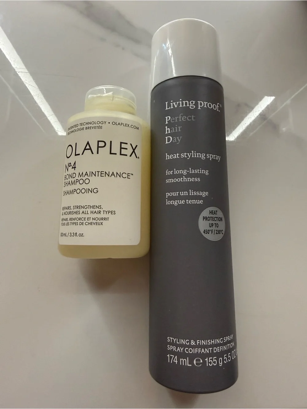 Olaplex No.4 Bond Maintenance Shampoo + Living Proof Heat Spray